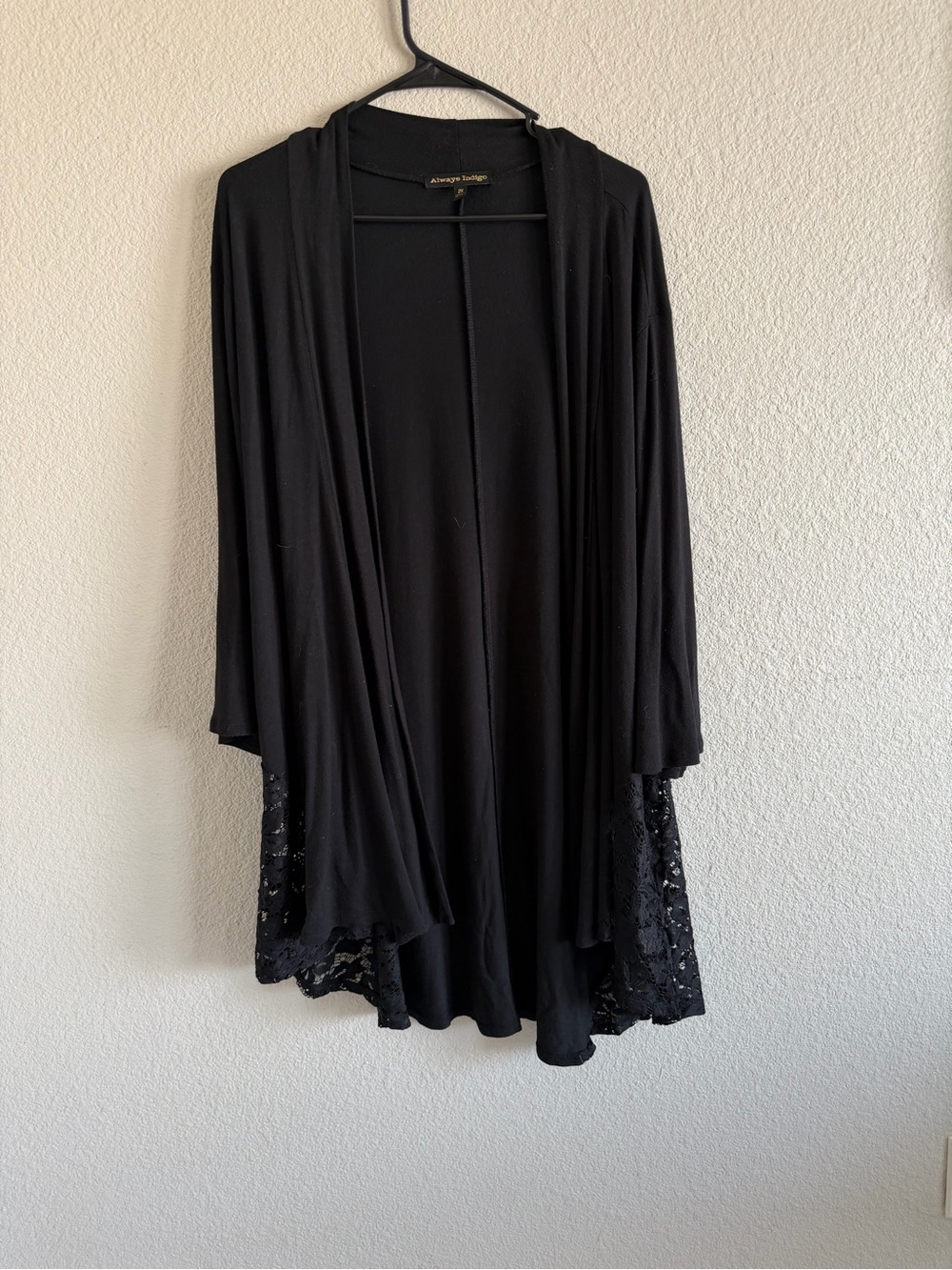 Black Lace-Trim Draped Open-Front Cardigan